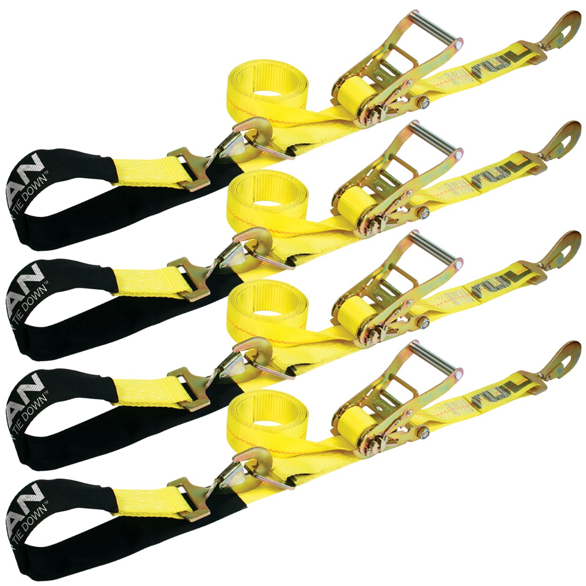 Vulcan Ultimate Axle Tie Down Kit - Classic Yellow - Includes (2) 22 inch Axle Straps, (2) 36 inch Axle Straps, (2) 96 inch Snap Hook Ratchet Straps
