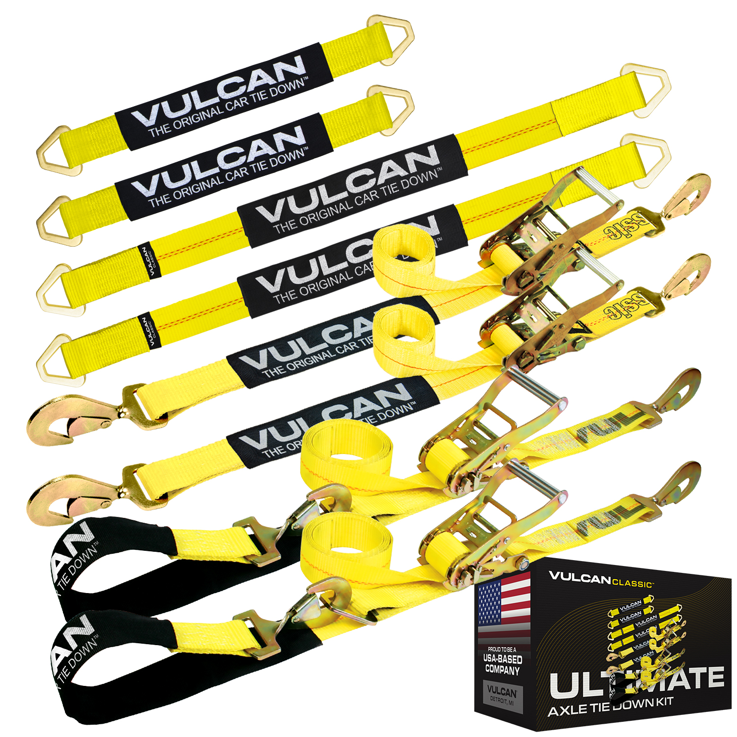 VULCAN Ultimate Axle Tie Down Kits - Include (2) 22 Inch Axle Straps, (2)  36 Inch Axle Straps, (2) 96 Inch Snap Hook Ratchet Straps, and (2) 112 Inch  Axle Tie Down Combination Straps