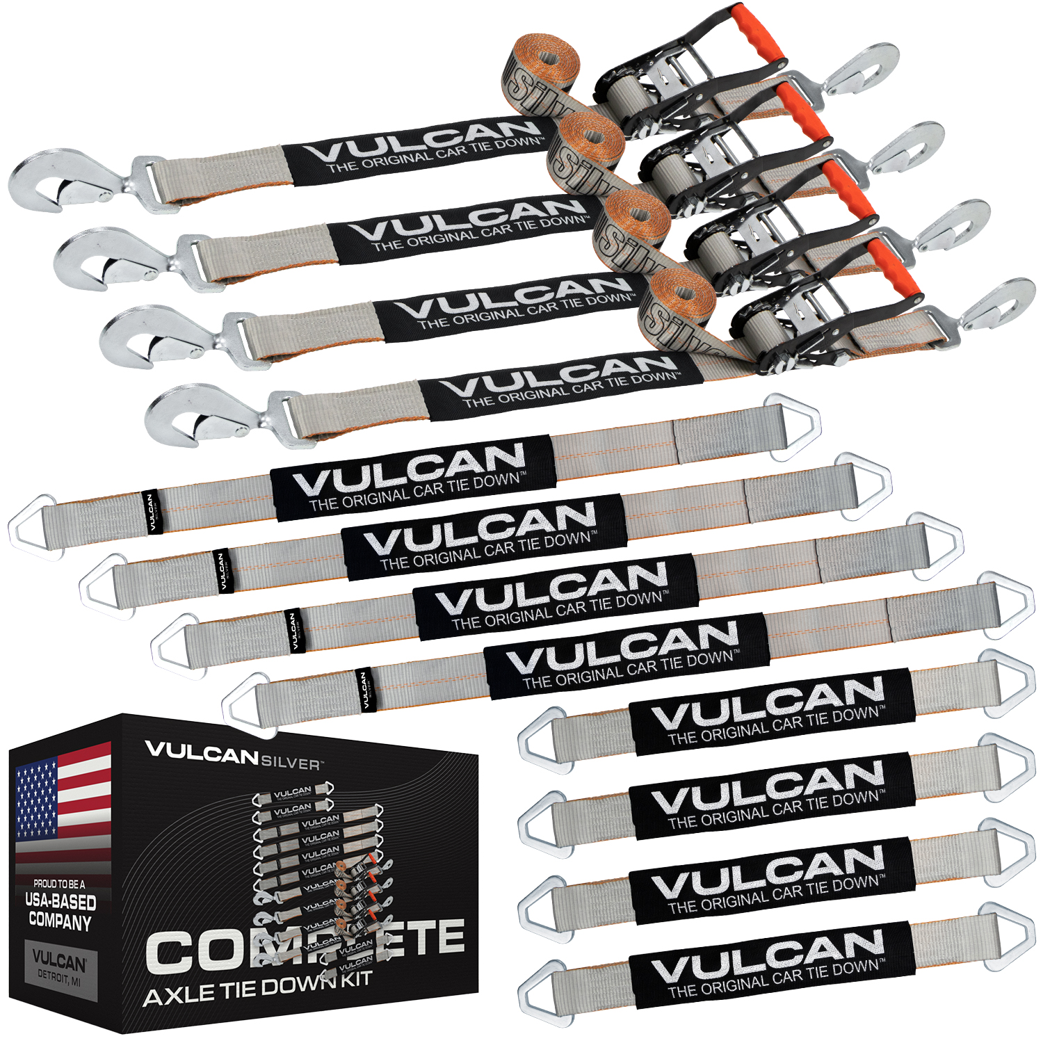 VULCAN Complete Axle Strap Tie Down Kits with Snap Hook Ratchet Straps -  Include (4) 22 Inch Axle Straps, (4) 36 Inch Axle Straps, and (4) 8' Snap  Hook Ratchet Straps