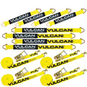 VULCAN Complete Axle Strap Tie Down Kit with Wire Hook Ratchet Straps - Classic Yellow - Includes (4) 22" Axle Straps, (4) 36" Axle Straps, And (4) 15' Wire J Hook Ratchet Straps