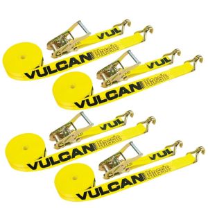 VULCAN Ratchet Straps with Wire J Hooks - 2 Inch x 15 Foot, 4 Pack - 3,300 Pound Safe Working Load