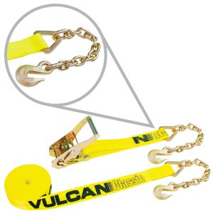 VULCAN Classic Yellow 2 Inch Ratchet Strap with Chain Anchors - 3,600 Pound Safe Working Load