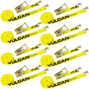 VULCAN Ratchet Strap with Wire Hooks - 2 Inch x 27 Foot - 8 Pack - Classic Yellow - 3,300 Pound Safe Working Load