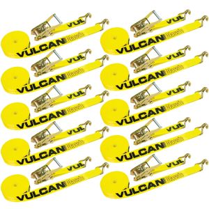 VULCAN Ratchet Strap with Wire Hooks - 2 Inch, 10 Pack - Classic Yellow - 3,300 Pound Safe Working Load