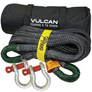 VULCAN Off-Road Double Braided Recovery Rope Kit with 1-1/2 Inch x 30 Foot Rope, Two Shackles and Vented Storage Bag - 74,000 Pound Breaking Strength - Green, Black