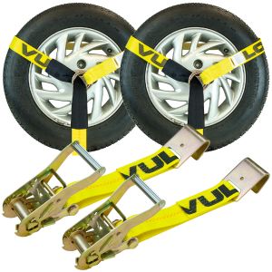 VULCAN Car Tie Down - Flat Hooks - Lasso Style - 2 Inch x 96 Inch - 2 Pack - Classic Yellow - 3,300 Pound Safe Working Load