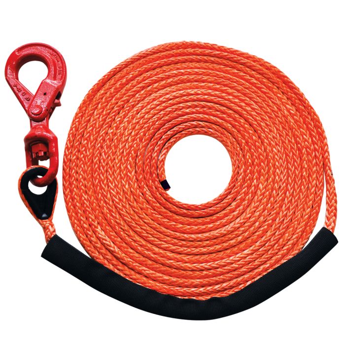 VULCAN Dyneema Synthetic Rope Winch Line - Locking Swivel Hook - 3/8 Inch x  100 Foot - Orange - 16,400 Pound MBS - 4,100 Pound Safe Working Load