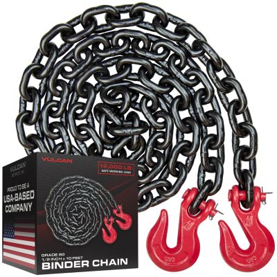 VULCAN Binder/Safety Chain Tie Down with Grab Hooks - Grade 80 - 1/2 Inch x 10 Foot - 12,000 Pound Safe Working Load