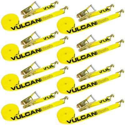 VULCAN Ratchet Strap with Wire Hooks - 2 Inch x 27 Foot - 8 Pack - Classic Yellow - 3,300 Pound Safe Working Load