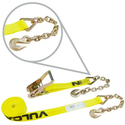 VULCAN Ratchet Strap with Chain Anchors - 2 Inch x 30 Foot - Classic Yellow - Case of 3 - 3,600 Pound Safe Working Load