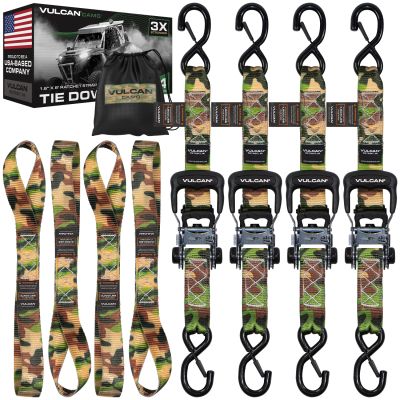 VULCAN Ratchet Strap Tie Down Kit - 1.6" x 8' - 3X Stronger Than 1" Tie Downs - Camouflage - (4) Ratchets With Rubber Handles, (4) 8' Straps With Latching S-Hooks, (4) Soft Loop Tie-Down Extensions