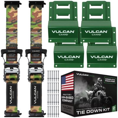 VULCAN Professional Grade Car, ATV, UTV, Off Road E-Track Tie Down Straps With Wheel Chocks – Over-The-Tire Style - 2 Inch x 96 Inch - 2 Pack – Camouflage Webbing – 1,500 Pound Safe Working Load – Includes Mounting Hardware – Easy To Use