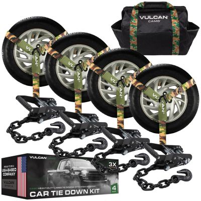 VULCAN Professional Grade Car, ATV, UTV, Off Road Tie Down with Chain Anchors - Lasso Style - 2 Inch x 96 Inch - 4 Pack – Camouflage Webbing - 3,300 Pound Safe Working Load