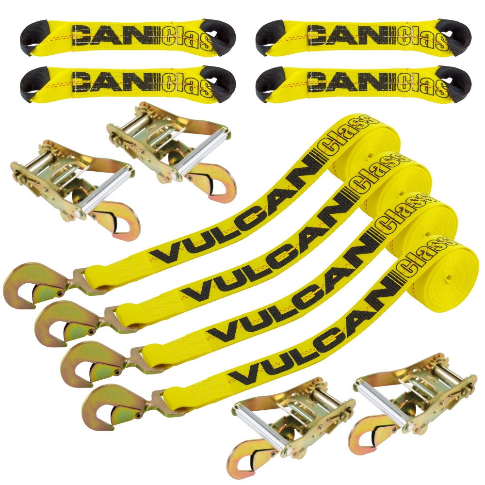 VULCAN 8-Point Roll Back Vehicle Tie Down Kit with Snap Hooks On Both Ends,  Set of 4